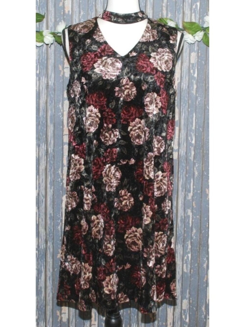 AGB Black Burndy Velvet Floral Dress Size M Whimsy Goth 90's Choker Neckline